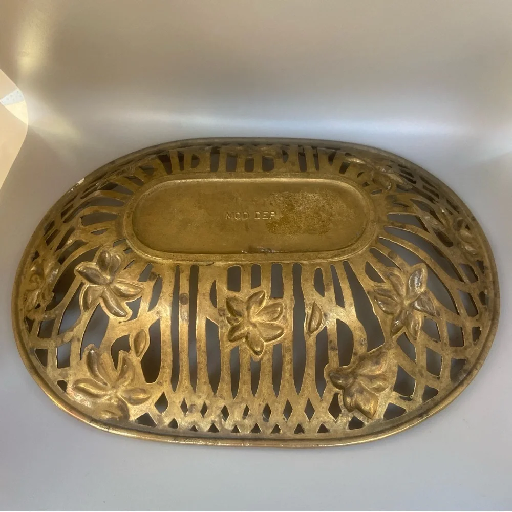 Vintage Solid Brass Cutout Oval Basket Bowl w/ Flowers #7389 - Picture 4 of 6